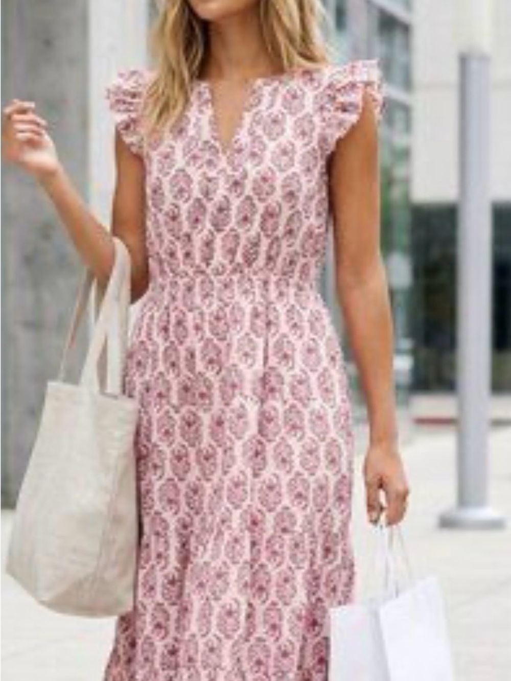 J. Crew Pink Patterned Midi Dress with Ruffle Cap Sleeves